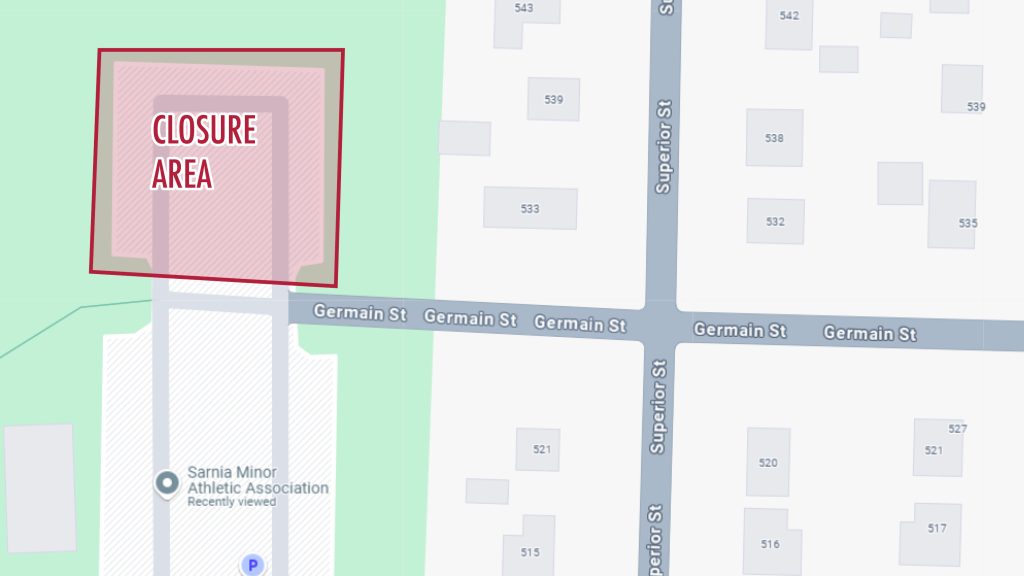 Map showing the parking lot closure area to the north of Germain Street, west of the eastern park entrance